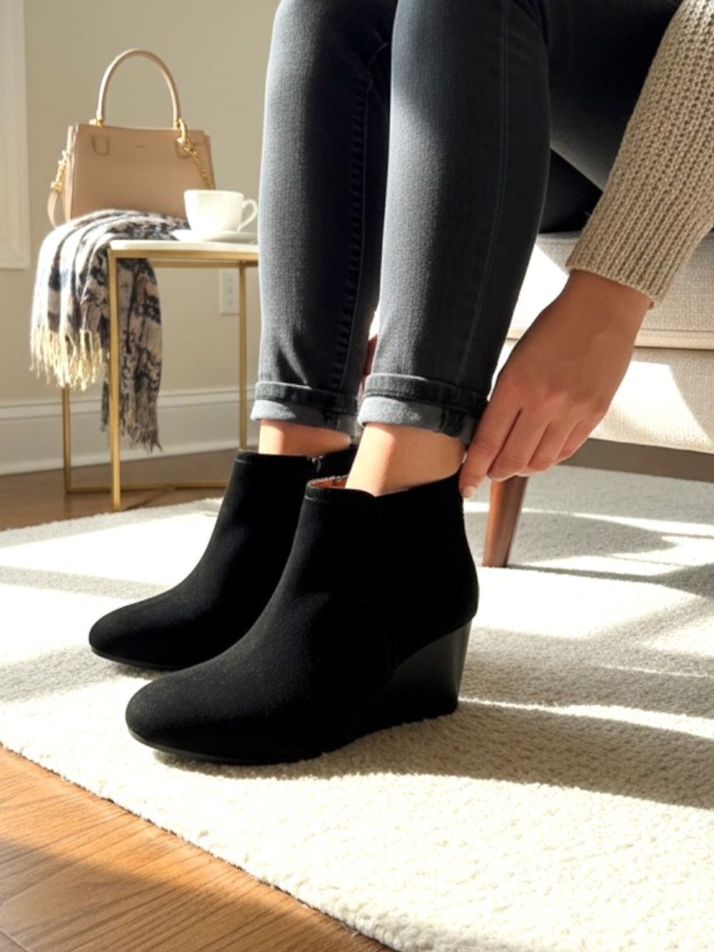 Vionic Paloma Black Suede Leather Wedge Ankle Booties Weather Resistant Sz 10